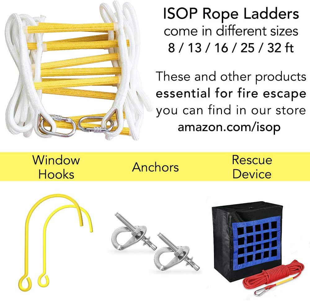 ISOP Fire Escape Ladder for Second Story Windows 13ft Weather Resistant Safety Rope Window Ladder Fire Escape 2 Story with Hooks (13ft with Hooks)