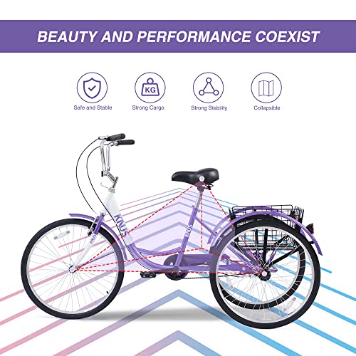 KNUS Adult Single Speed Cargo Tricycles,Adult Trikes 26 inch 3 Wheel Bikes for Adults