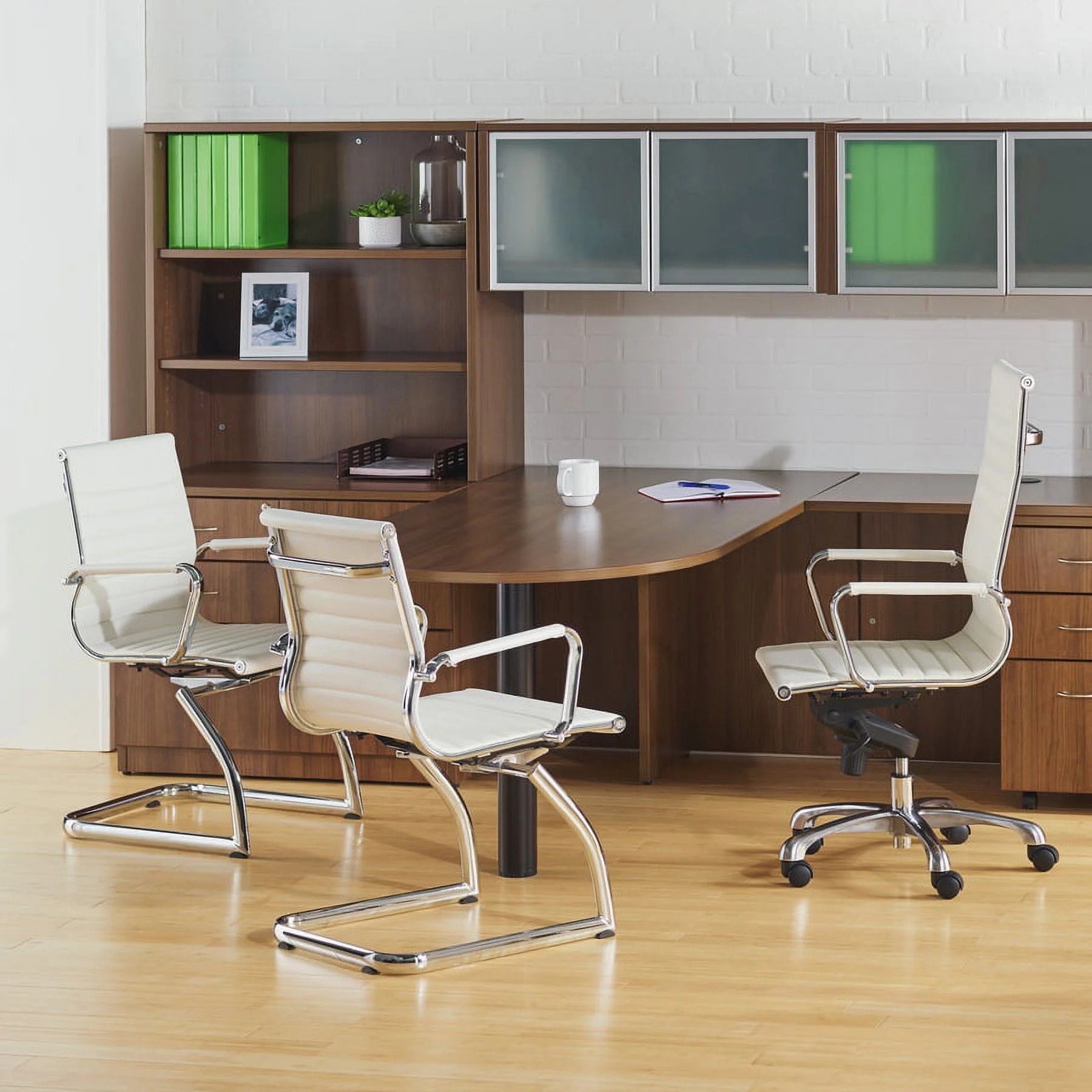 Lorell Modern Leather Guest Reception Waiting Room Chair with Chromed Metal Arms