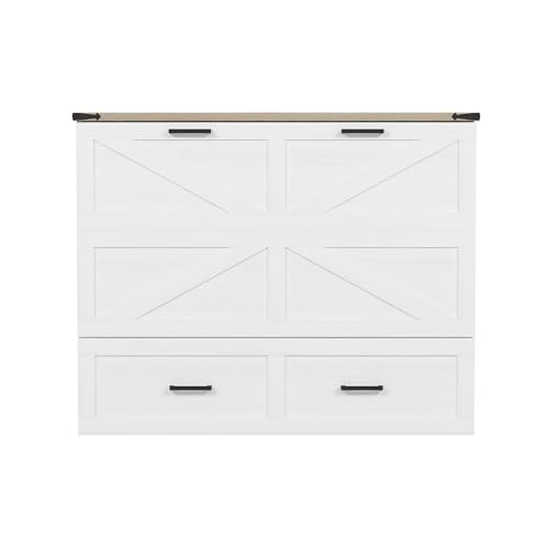 Queen Size Farmhouse Murphy Bed Cabinet with Charging Station, Foldable Platform Bed Frame with 2 Storage Drawers