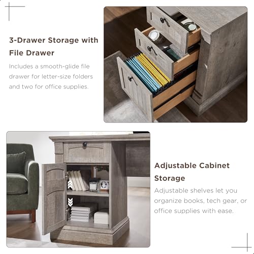 OKD 60" Executive Desk with Drawers, Farmhouse Home Office Desk with Charging Station, Keyboard Tray, File Cabinet Storage