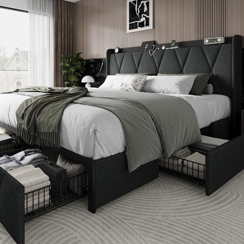 Queen Bed Frame with 4 Storage Drawers and Charging Station, Upholstered Platform Bed Frame with Storage Headboard, No Box Spring Needed