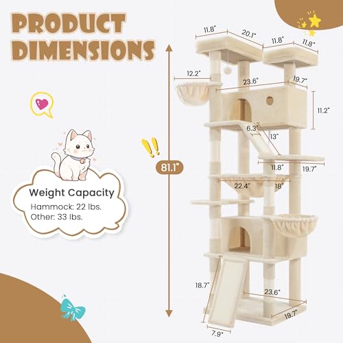 SHA CERLIN 81in Multi-Level Tall Cat Tree Tower for Indoor Kitties/Larger Cat Condo Furniture with Hammock/Cozy Pussycat Perches/Sisal Scratching
