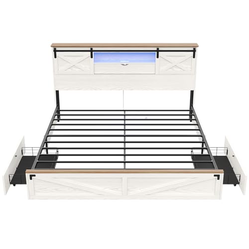 Hasuit Farmhouse Bed Frame California King Size with Storage Bookcase Headboard, Wooden Cal King Bed with LED Lights, Charging Station, 2 Drawers