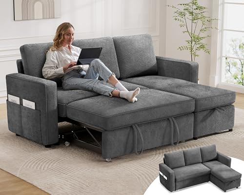81" Sleeper Sofa Bed with Pull Out Bed, L Shaped Couch Sectional Sleeper Sofa, Pull Out Couch with Reversible Storage Chaise, Side Pockets