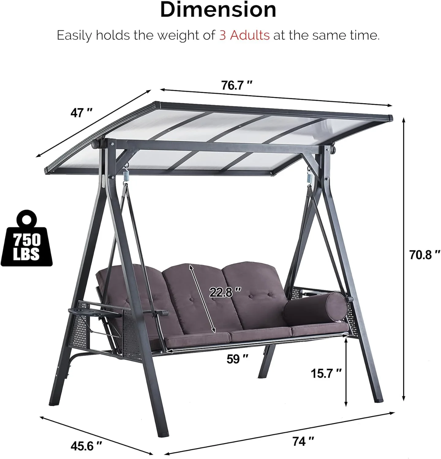 PURPLE LEAF Outdoor Patio Porch Swing with Adjustable PVC Canopy, 3-Seat Swing Chair Bench with Side Cup Holder for Backyard Front Porch Lawn