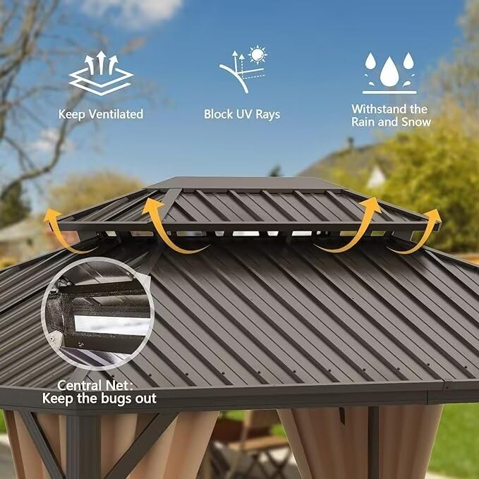 Domi 10’ x 10’ Hardtop Gazebo Metal Frame Canopy with Netting & Curtains