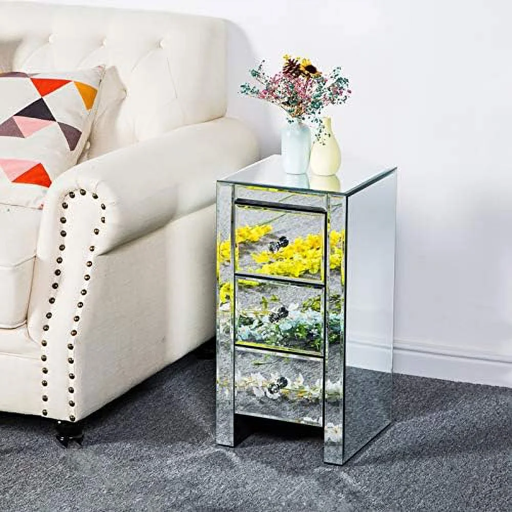 RUNFAYBIU Mirrored Nightstand  Mirrored End Table with 3 Drawers and Crystal-Style Knobs   Mirrored Bedside Table for Bedroom  Living Room  Small