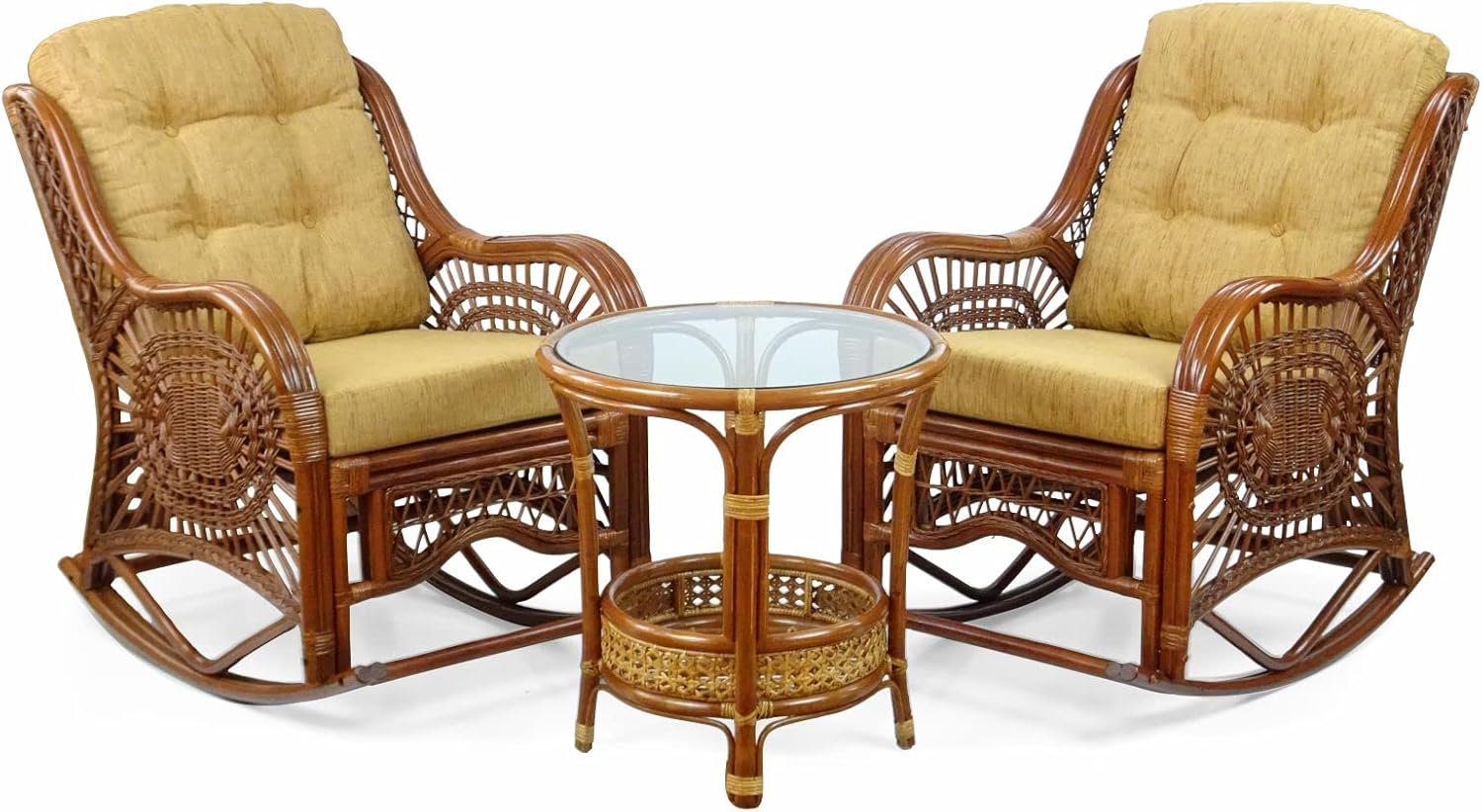 Wickerix Malibu Handmade Natural Rattan Living Room Set of 2 Rocking Lounge Chairs with Light Brown Cushions and Round Coffee Table with glass