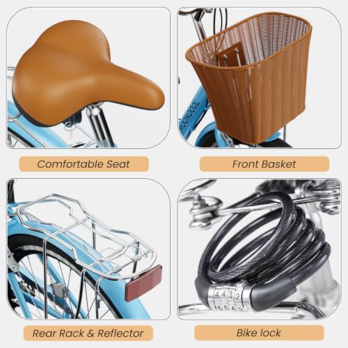 MOONCOOL Womens Bike 7 Speed, 24 26 inch Beach Cruiser Bikes for Women, Step Through Adult Bicycle with Front Basket for City Commuting