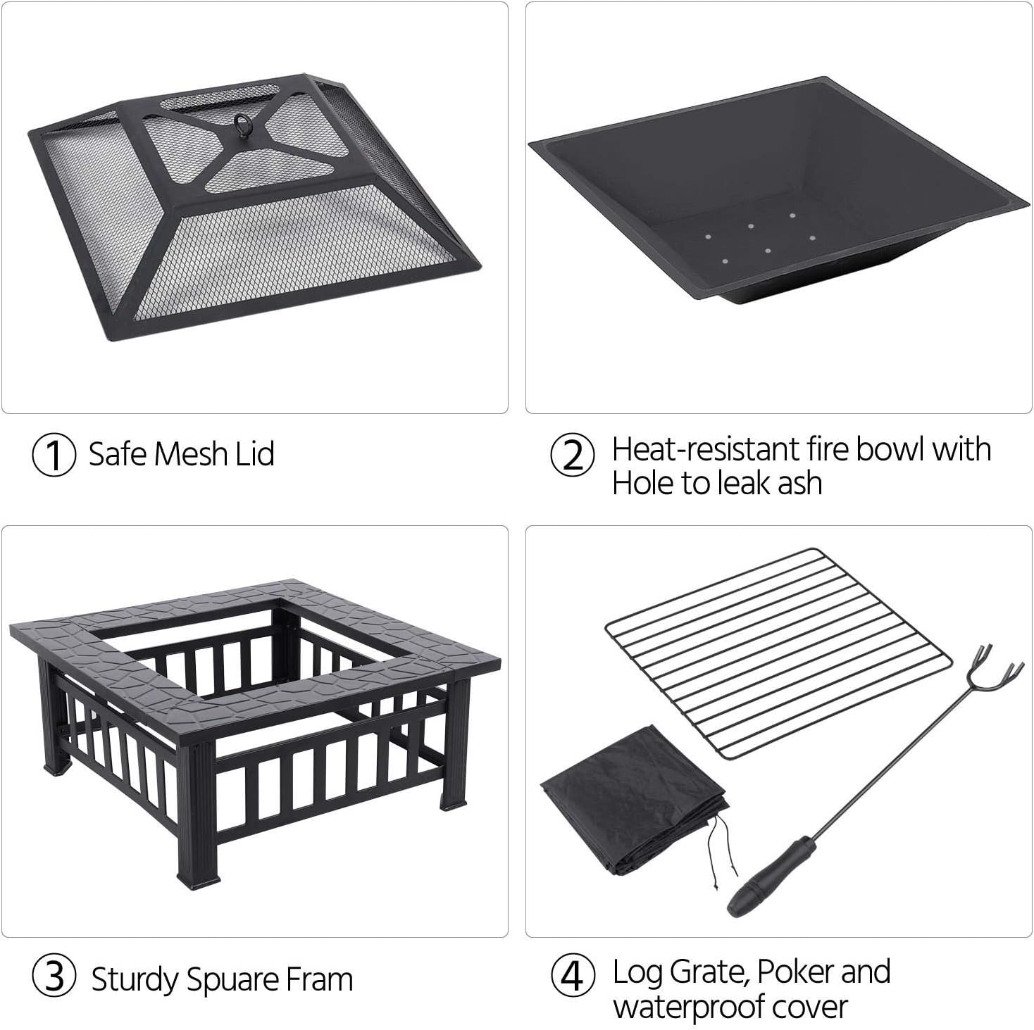 Yaheetech Multifunctional Fire Pit Table 32in Square Metal Firepit Stove Backyard Patio Garden Fireplace for Camping, Outdoor Heating