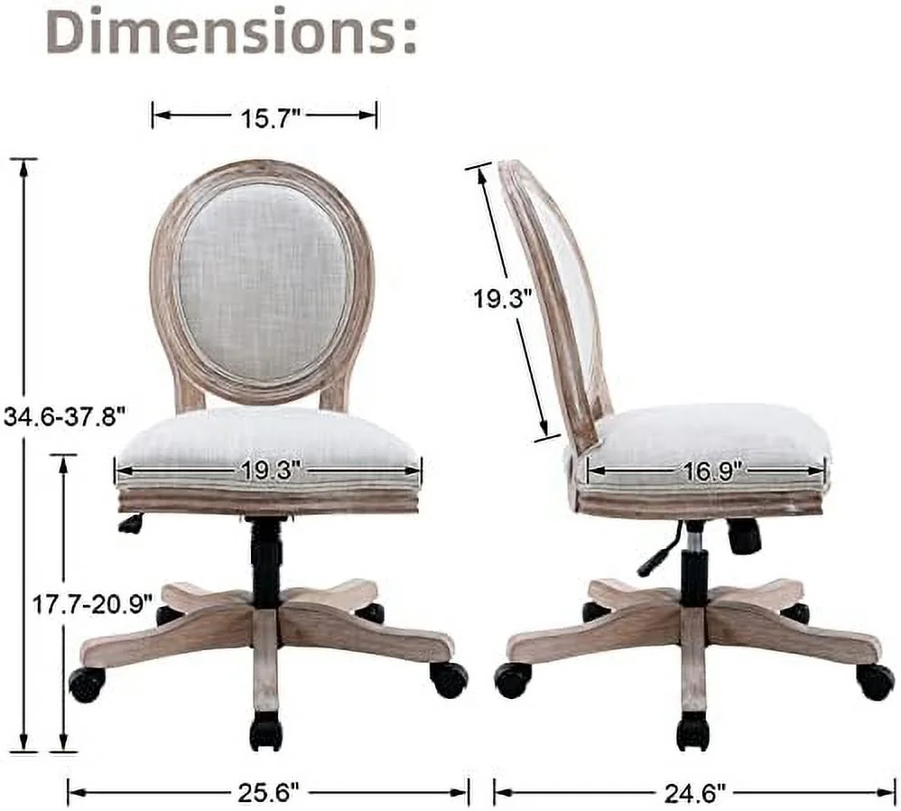 Rattan Back Linen Office Chair  Adjustable Height Swivel Task Chair with Wood Frame Armless Desk Chair with Wheels Upholstered Round Back Vanity