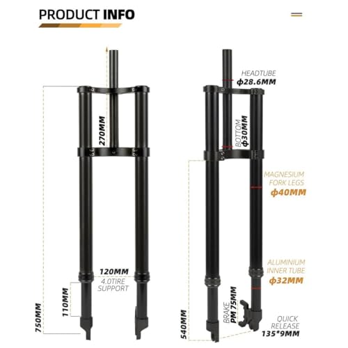 26''4.0 Tire Double Shoulder Bikes Suspension Forks 1-1/8'' Inverted Fork QR 9 * 135mm 110mm Travel Disc Brake Front Fork for Snow E-Bikes