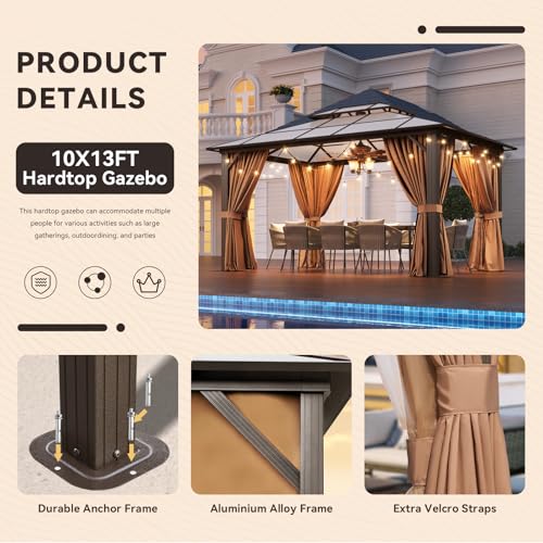 Aoxun 12'x16' Hardtop Gazebo, Aluminum Frame Permanent Pavilion with Netting and Curtains, Outdoor Polycarbonate Double Roof Canopy