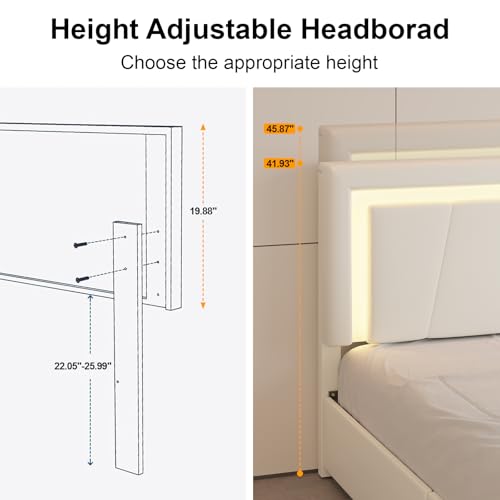 Full Size Bed Frame with 4 Storage Drawers and LED Lights, Upholstered Platform Bed with Adjustable Headboard and Charging Station