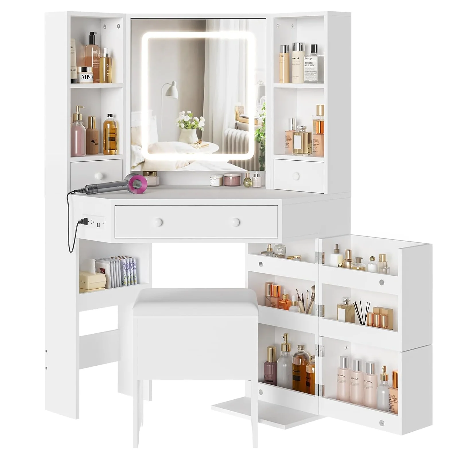 Makeup Corner Vanity Desk with with Mirror and Lights and Charging Station