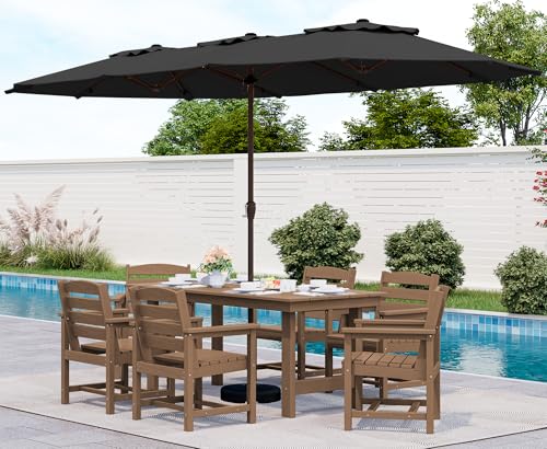 SERWALL Outdoor HDPE Dining Table Set, 7-Piece Outdoor Dining Table Sets with Umbrella Hole Cut-Out Table and 6 Chairs, Gray