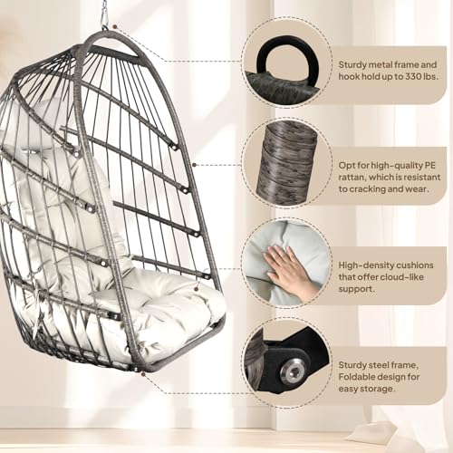 Chihee Egg Chair Foldable Wicker Rattan Hanging Chair Swing Chair Indoor Outdoor Patio Wicker Chair Hammock Chair with Stainless Steel Hanging Kit