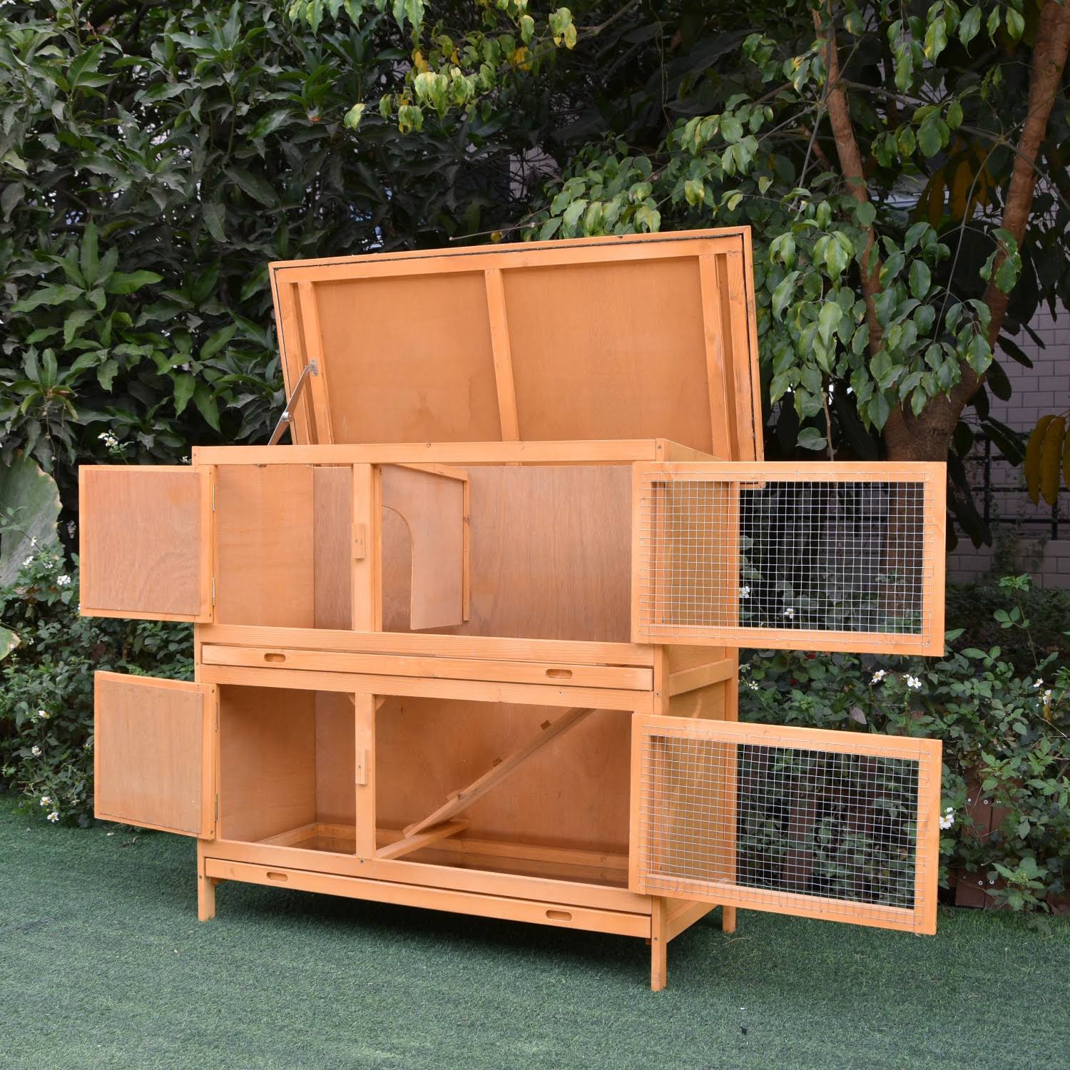 Pawhut Rabbit Hutch Solid Wood Rabbit-Bunny Cage with 2 Large Main