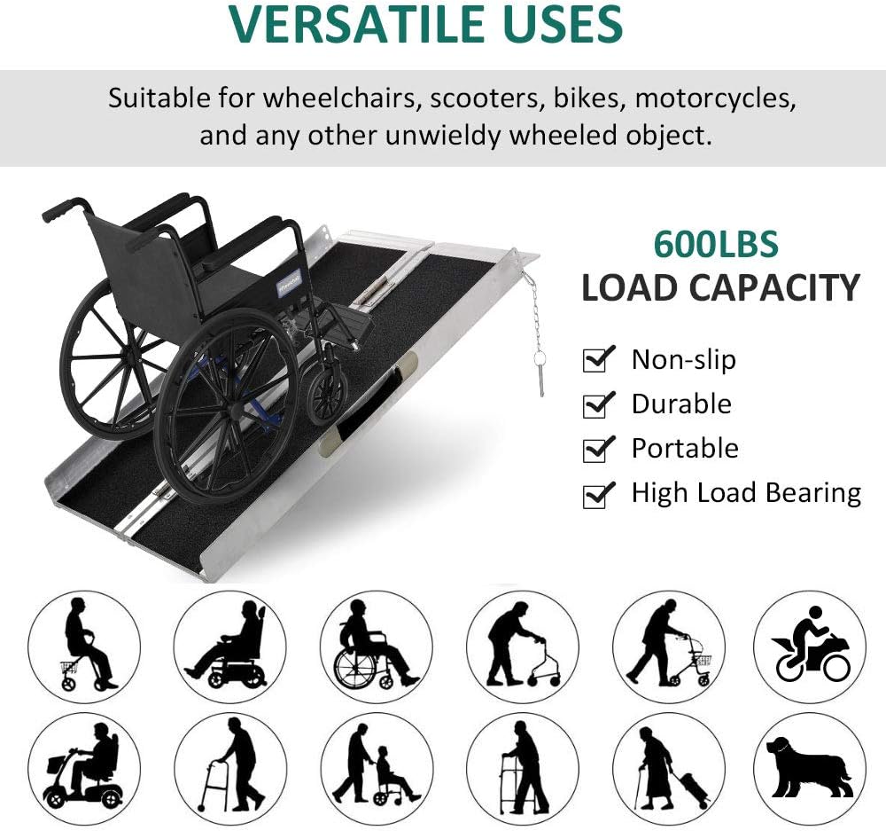 HOMCOM Aluminum Portable Skidproof PVC Carpeted Folding Wheelchair Ramp, 4'