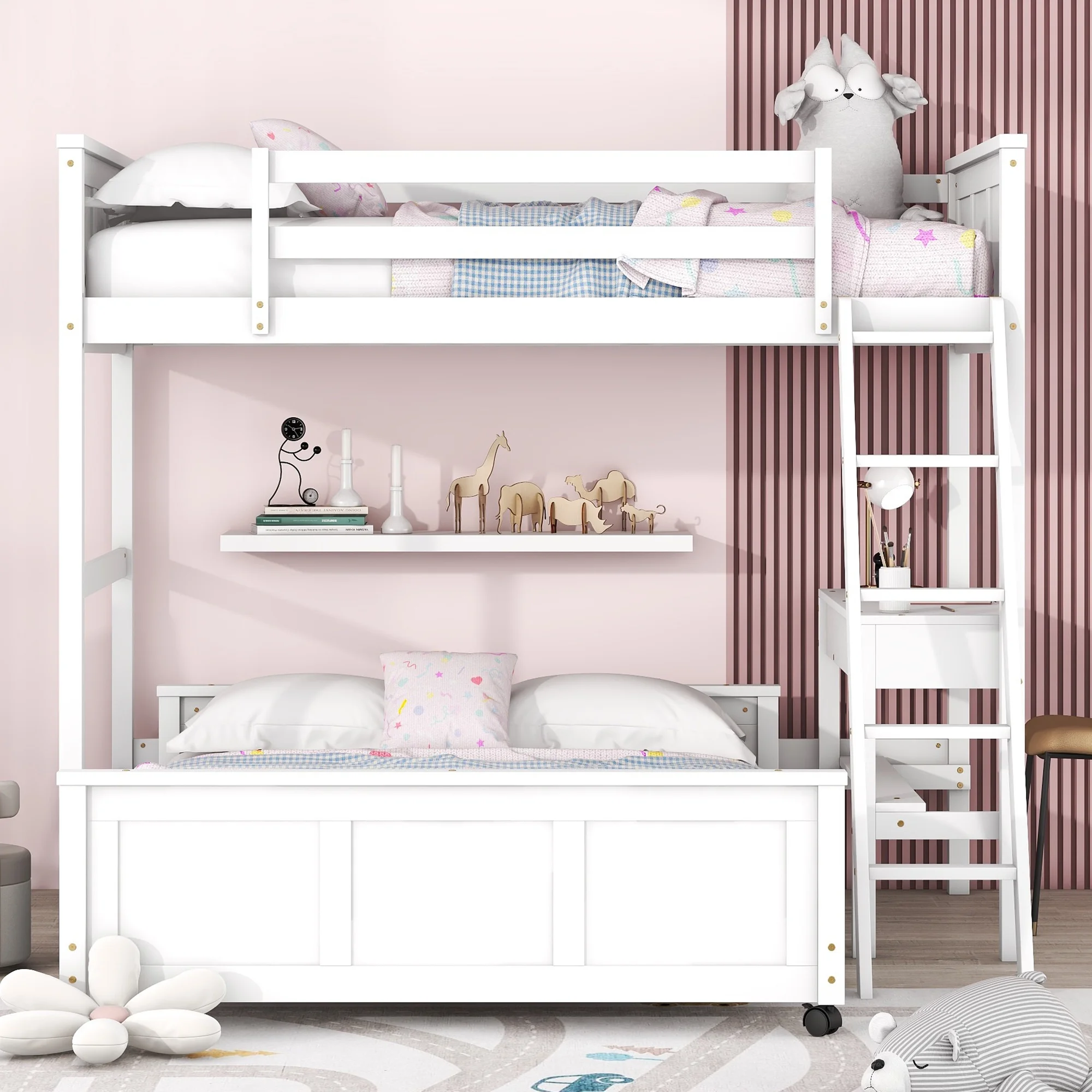 Bellemave Twin Over Full Bunk Bed with Desk and Storage Drawers, Solid Wood L-Shaped Loft Bunk Bed Frame for Kids Teens Adults (White)