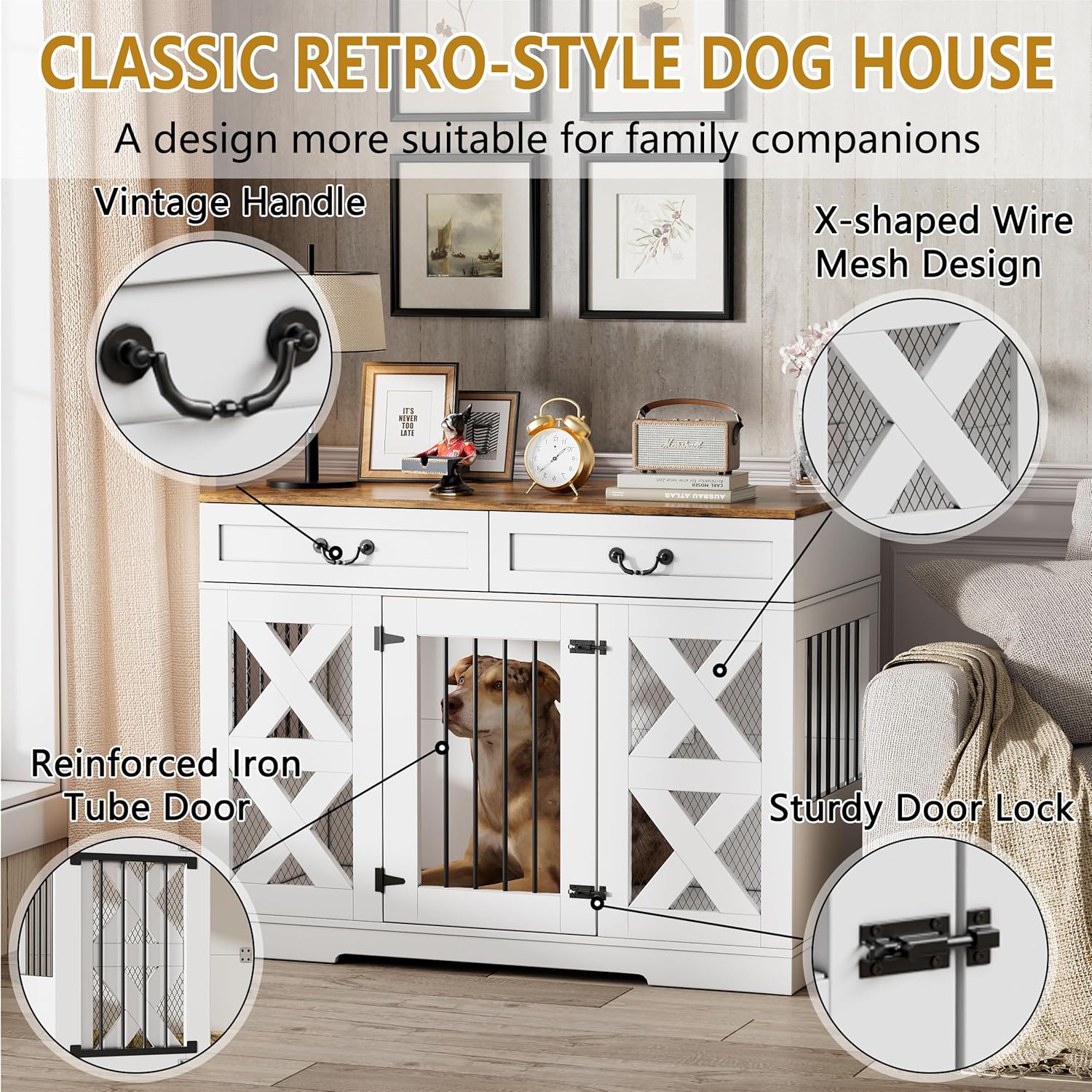 Large Dog Crate Furniture - Dog Kennel with Drawers Storage and Locks, 2-in-1 Crates for Dogs Indoor
