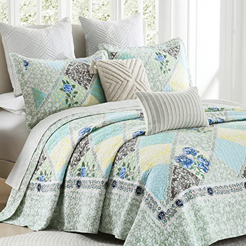 Finlonte Quilts Queen Size Sets, Floral Real Patchwork Blue Grey Farmhouse Plaid 100% Cotton Queen Quilt