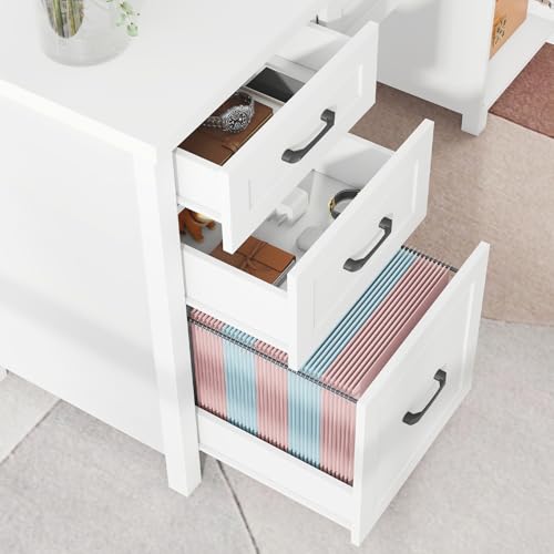 Farmhouse 61'' Executive Desk with 5 Drawers, Rustic Office Desk Computer Desk with Charging Station, File Drawers and Storage Cabinet