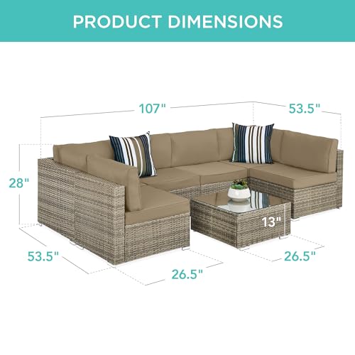 Best Choice Products 7-Piece Modular Outdoor Sectional Wicker Patio Conversation Set w/ 2 Pillows, Coffee Table, Cover Included - Gray/Navy
