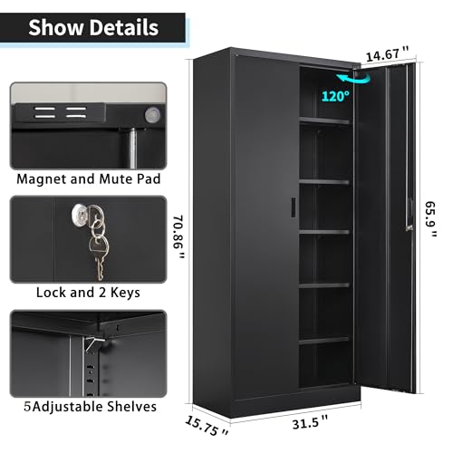 Metal Storage Cabinet, 72" H x 36" W x 18" D Locking Cabinet with Adjustable Shelves, Steel Storage Cabinets for Garage, Home, Office, Pantry (White)