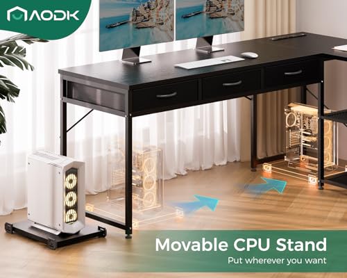 AODK 53 Inch L Shaped Computer Desk with Drawers, Corner Desk with Power Outlets & Reversible Storage Shelves