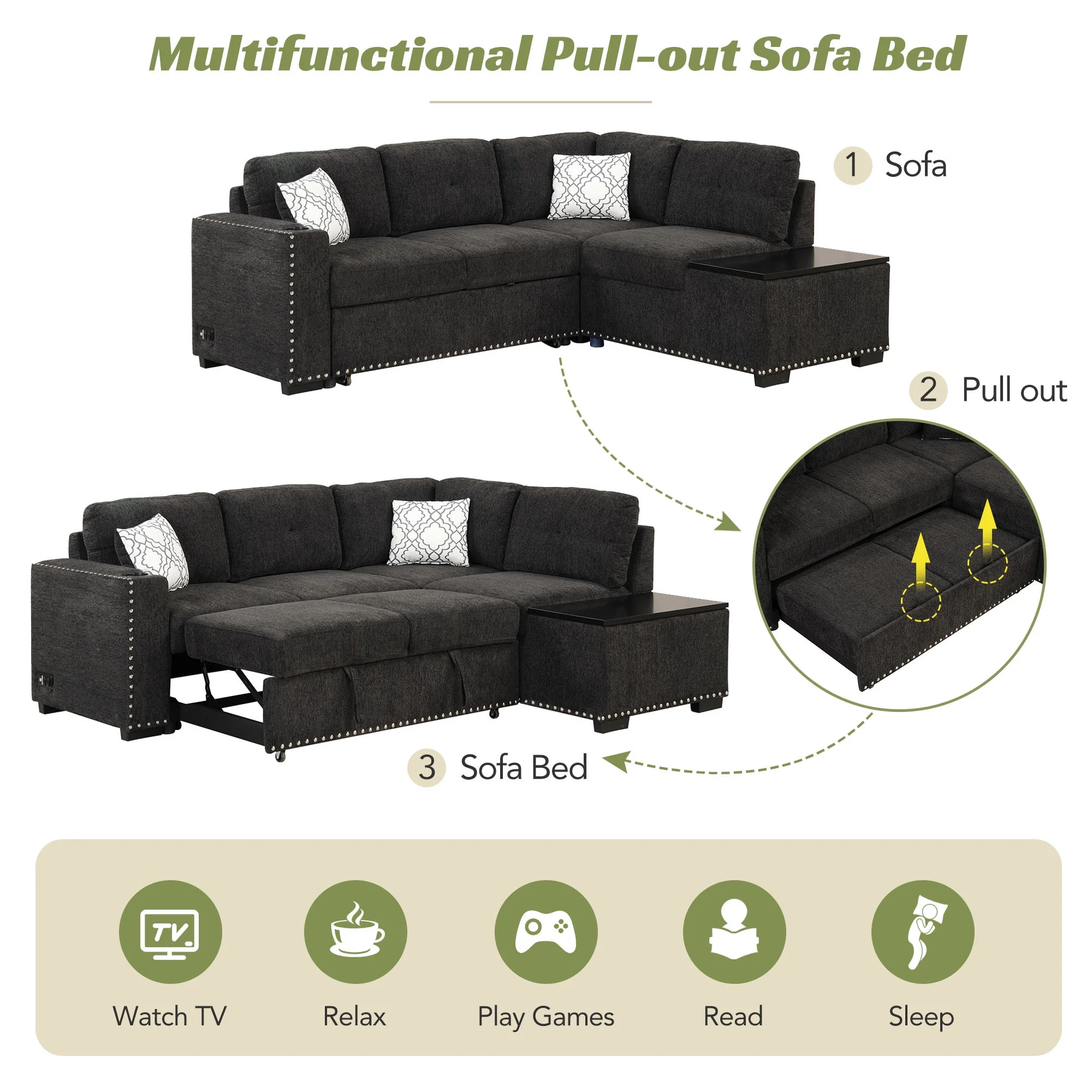 EUROCO 68.5" Chenille Wider Pull-Out Sofa Bed,  L-Shaped Reversible Sectional Sofa Couch with Storage Chaise, USB Ports, Power Sockets