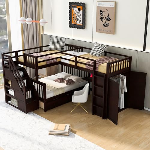 L-Shape Triple Bunk Beds with Stairs and Desk, Wood Twin-Over-Full Bunk Bed with Storage Wardrobe, Shelves and Drawers