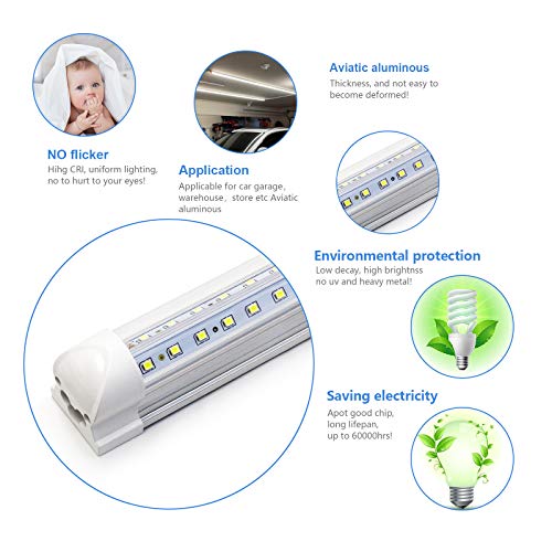 10-Pack 8ft LED Shop Light Fixture - 90W T8 Integrated LED Tube Light - 6500K 12000LM V-Shape Linkable - High Output - Clear Cover - Plug and Play