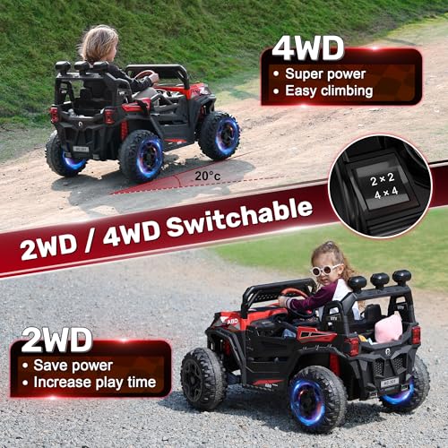 ANPABO 24V 4X4 Ride on Car Truck w/Remote Control, 4WD/2WD Switchable Kids UTV, 19" Spacious Seat, 4 Shock Absorbers, Soft Start, Music Player