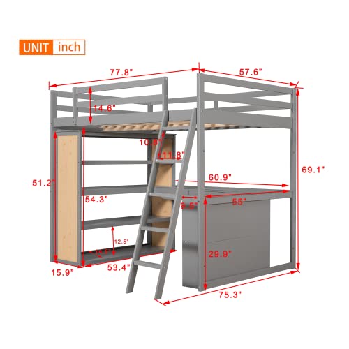 Twin Loft Bed with Staircase, Desk and Wardrobe, Wood Loft Bed with Storage Shelves and Safety Guardrail