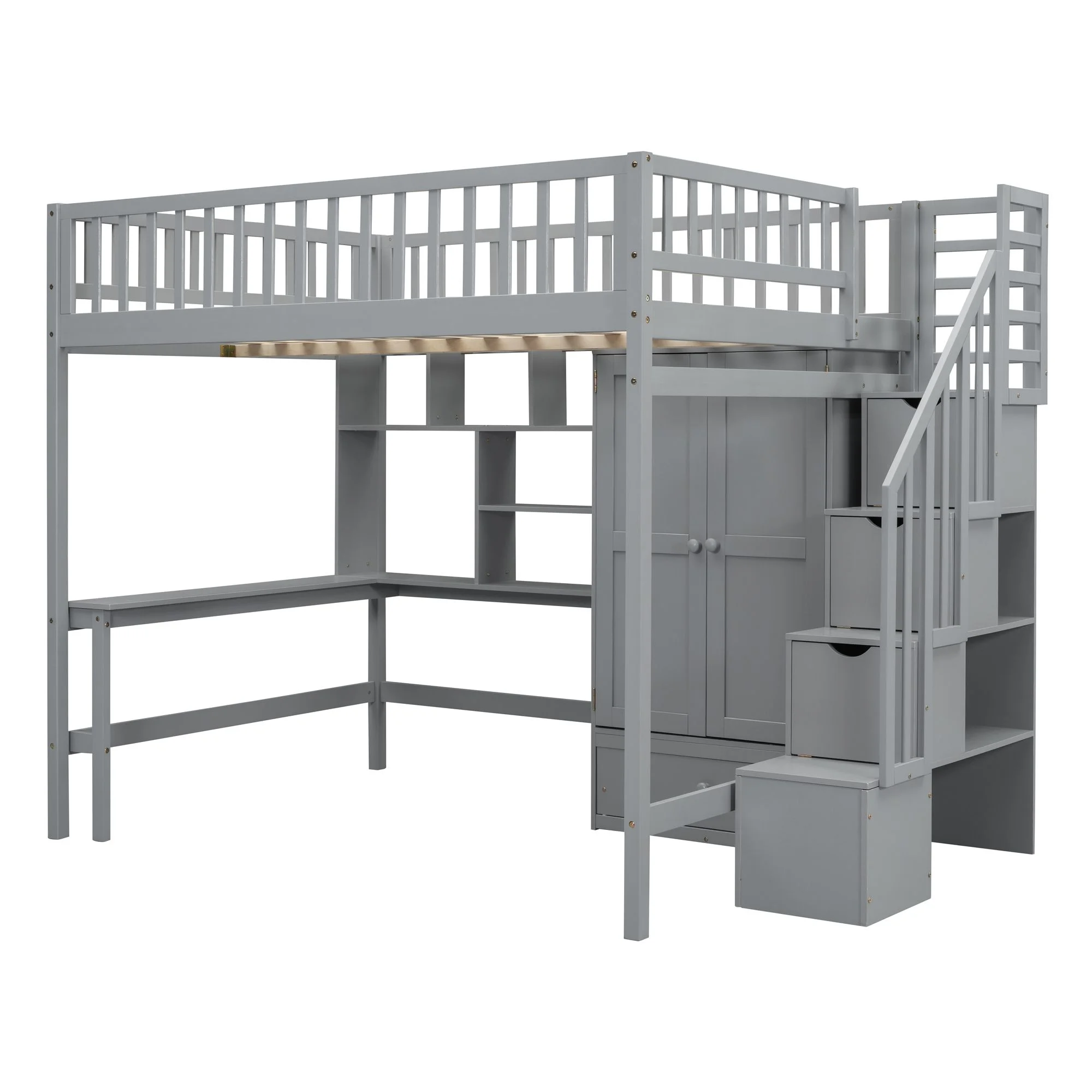 Full size Multifunctional High Loft Bed with Under-bed Desk, Shelves and Wardrobe, Sturdy Wooden Loftbed Frame with Bookshelf