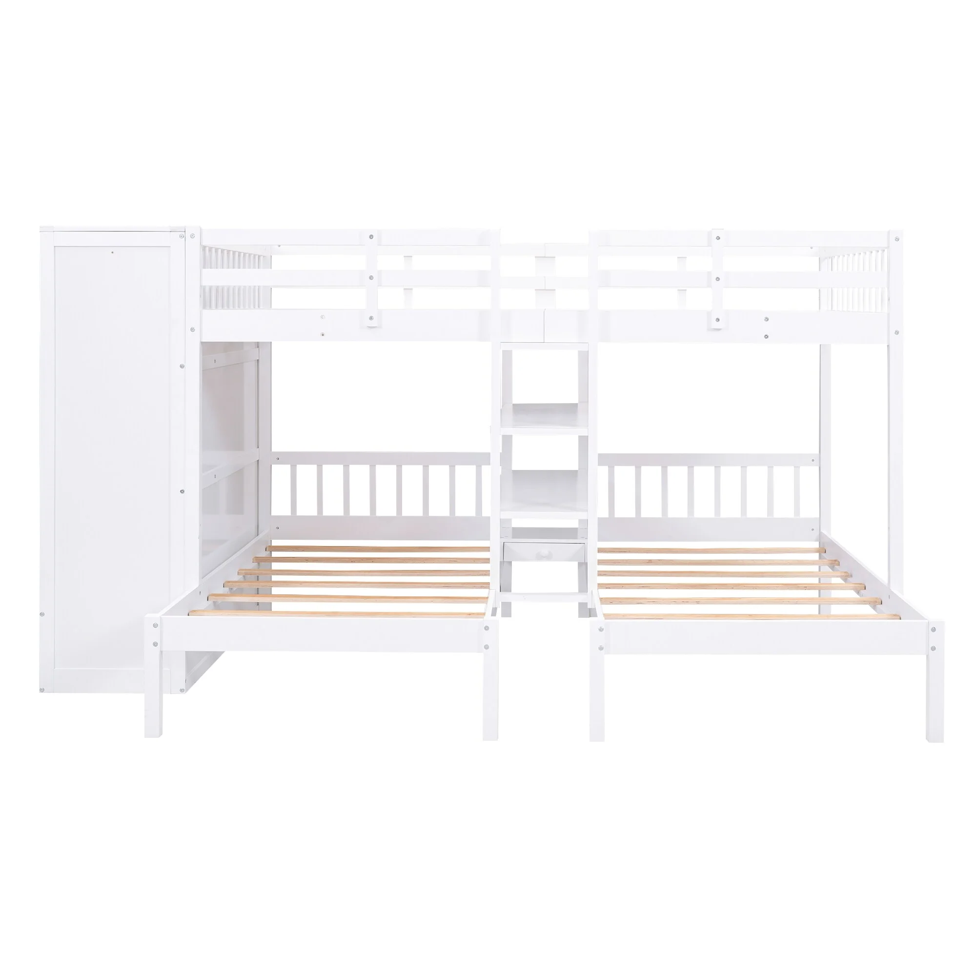 Full-Over-Twin-Twin Bunk Bed with Shelves, Wardrobe, Mirror, and Storage Solutions - Space-Saving Furniture for Growing Families White