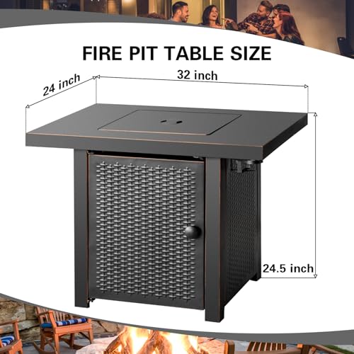 32 Inch Propane Fire Pit Table, Outdoor Gas Fire Pits with 2 Drink Holders, Lid & Lava Rock, 50000 BTU Firepit for Dinning, Party in Outside, Patio