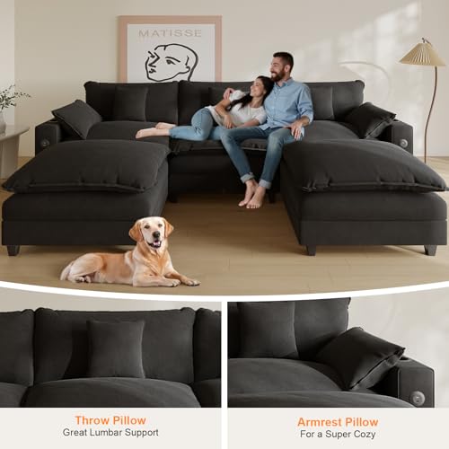 Modular Sectional Sofa, Cloud Couch with Ottoman, Charging Station, Throw Pillows, Cup Holders, Modern Convertible U Shaped Couches for Living Room