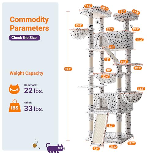 Allewie 81 Inches Tall Cat Tree/Multi-Level Large Climbing Tree House and Towers for Big Feline/Condo and Hammock/Scratching Post/Wide Base/Dark Grey