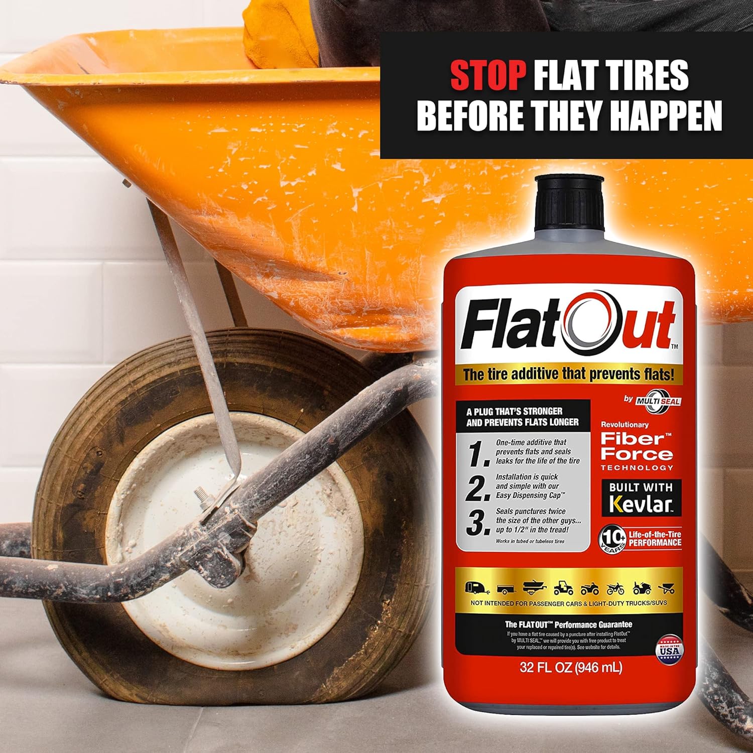 FlatOut Multi-Purpose Tire Sealant - Prevents and Repairs Flat Tires, Seals Leaks, Contains Kevlar, 32-Ounce Bottle, 8-Pack