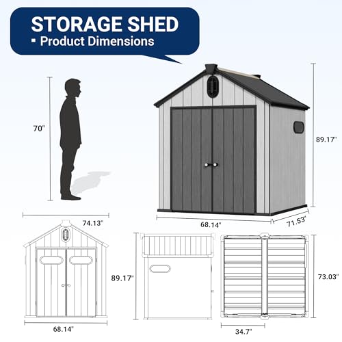 6x6 FT Outdoor Resin Storage Shed, Plastic Shed w/Air Vents & Window for All Weather Resistant, with Floor & Lockable Door, Waterproof for Bike