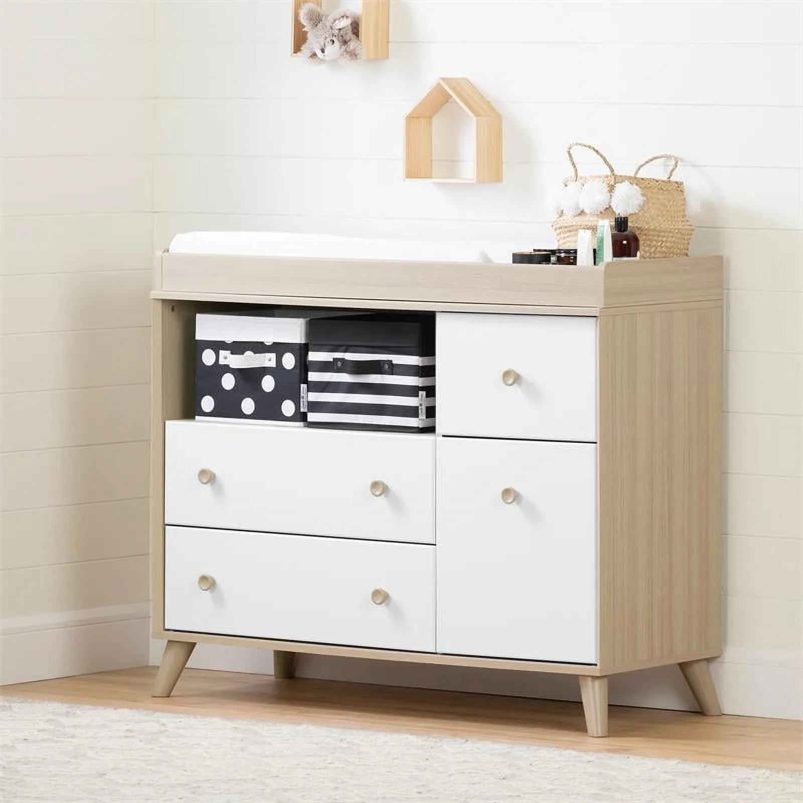 South Shore Furniture Yodi Changing Table with Drawers, Soft Elm and Pure White