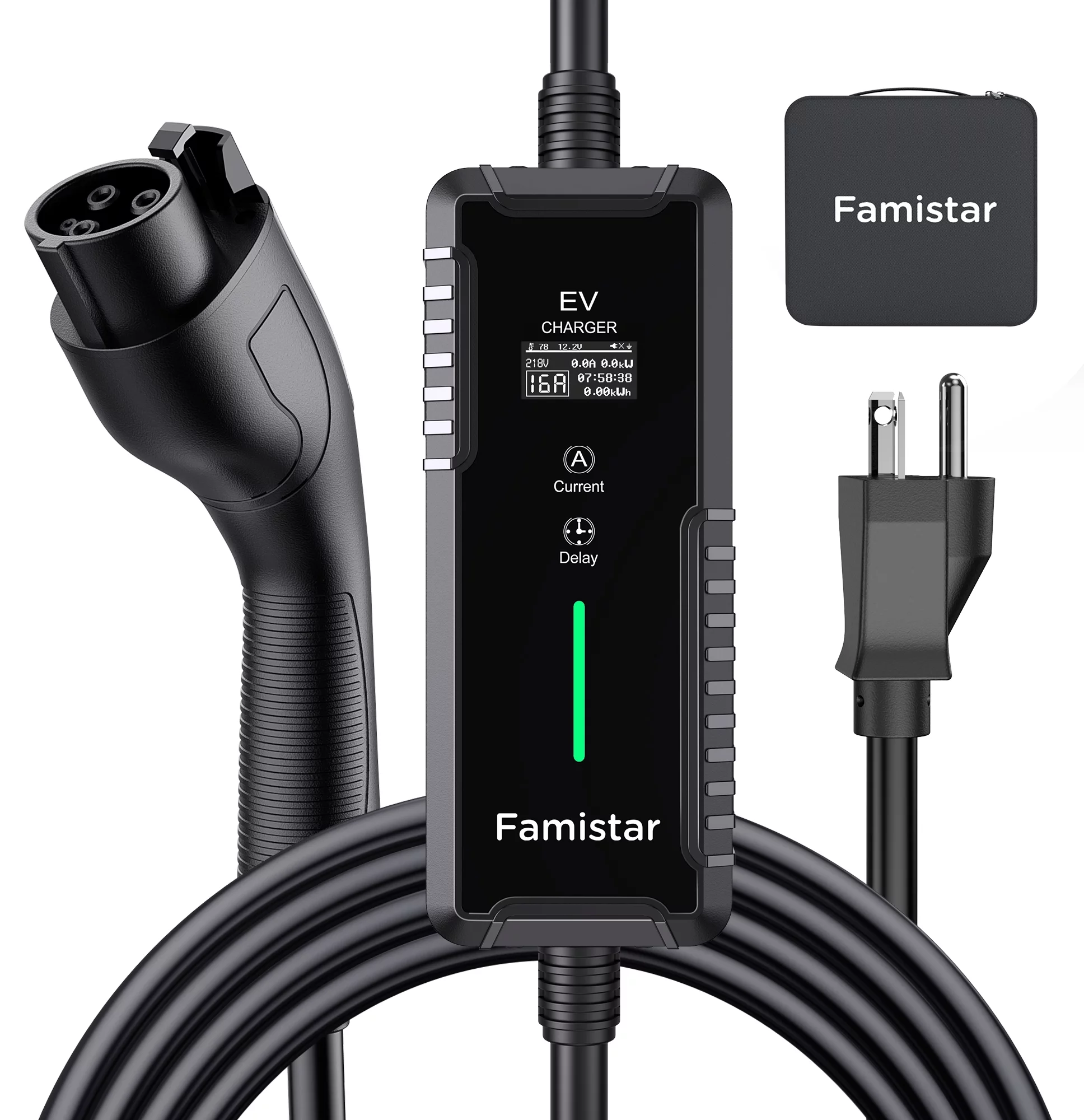 Famistar Level 1 & 2 EV Charger, 25 ft Adj. 8-16A 100-240V Portable Electric Car Fast Charger