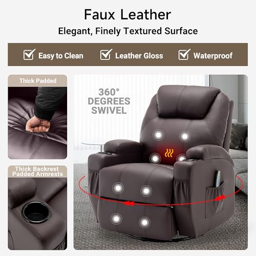 Recliner Chair, Rocking Chair with Massage and Heat, 360° Swivel Recliner Chairs for Adults