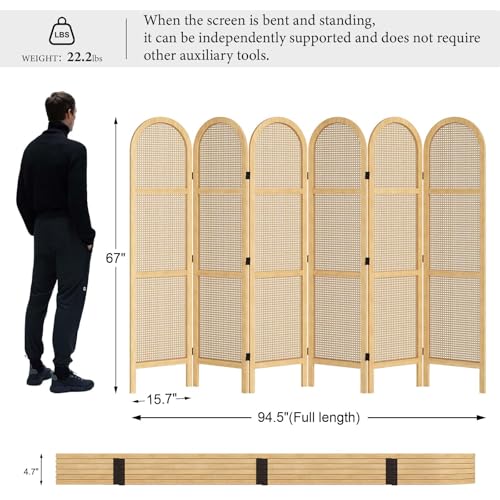 Room Divider and Folding Privacy Screens, Pine Wood 5.6 Ft Double Hinged Rattan Partition Freestanding Wall Room Divider for Home - 3 Panels
