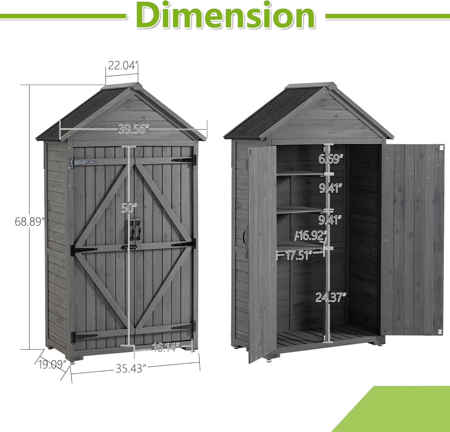 3x2 FT Outdoor Wooden Storage Shed with Lockable Door, Waterproof Asphalt Roof, Detachable Shelves