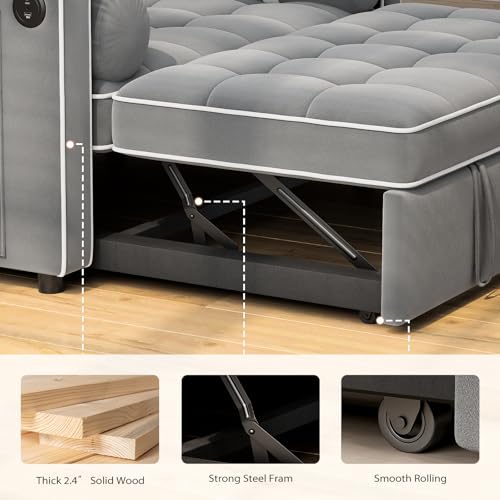 Pipishell 3 in 1 Convertible Sleeper Sofa Bed,Pull Out Couch for Living Room with USB Ports & Side Pockets,Adjustable Backrest,Velvet