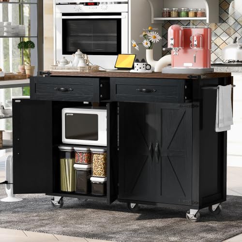 Bellemave Kitchen Island with Storage Cabinet on Wheels, 53.5'' Mobile Kitchen Cart with Power Outlet, Drop Leaf, Spice/Towel Rack and Drawer